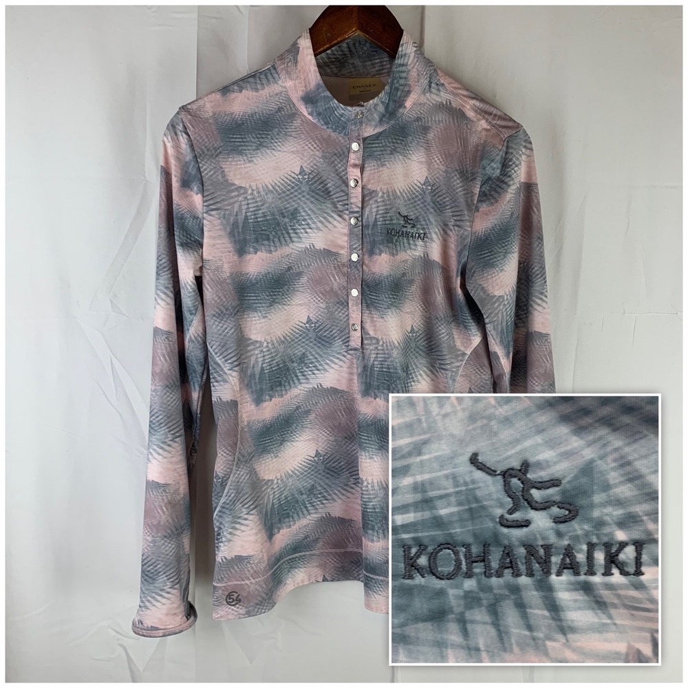 Chase 54 Kohanaiki Golf Top Womens Medium Pink Grey Palm Leaf Snap Mock Neck‎